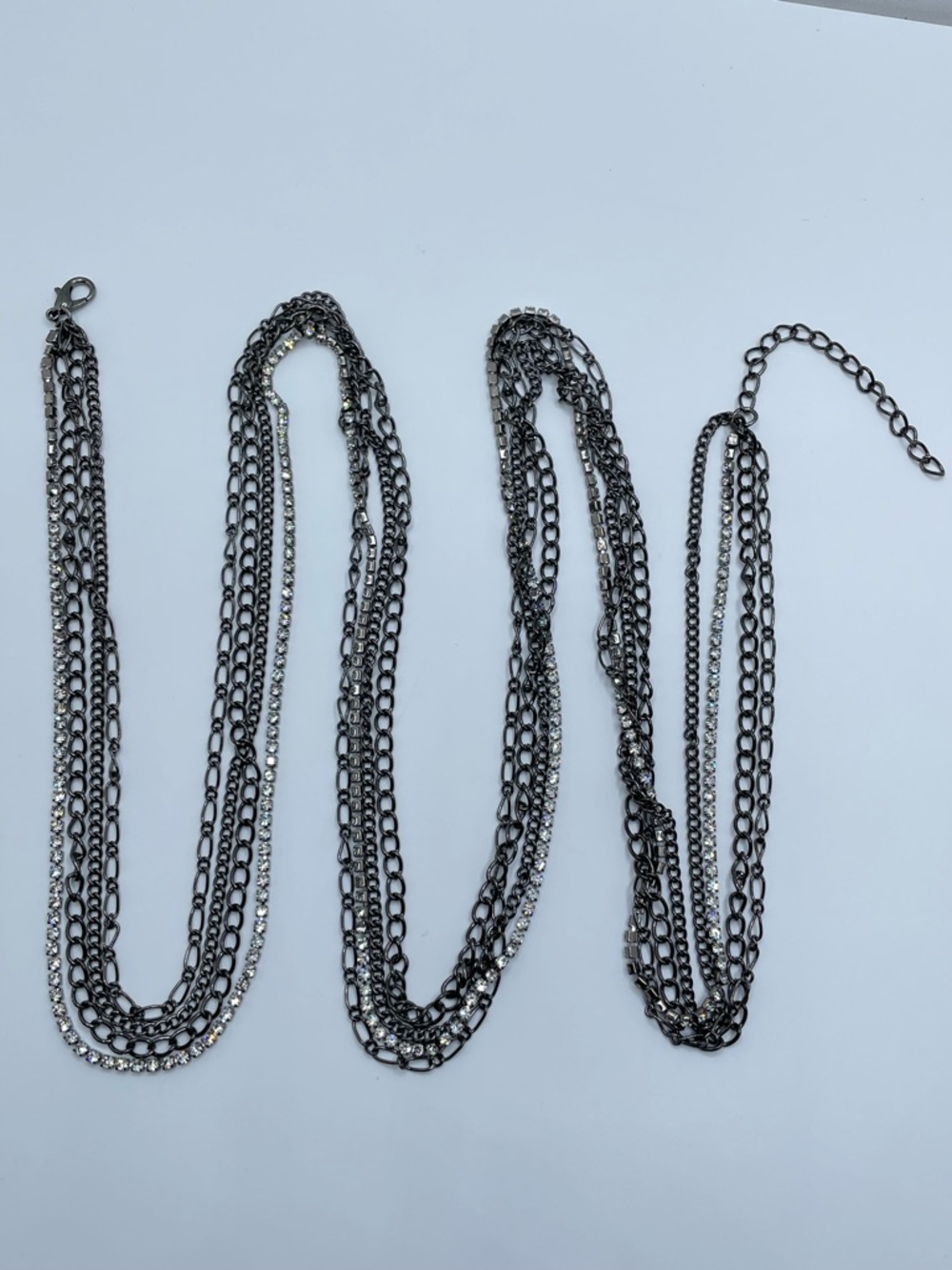 Gunmetal Multi Strand Crystal Necklace Layered Rhinestone Chain